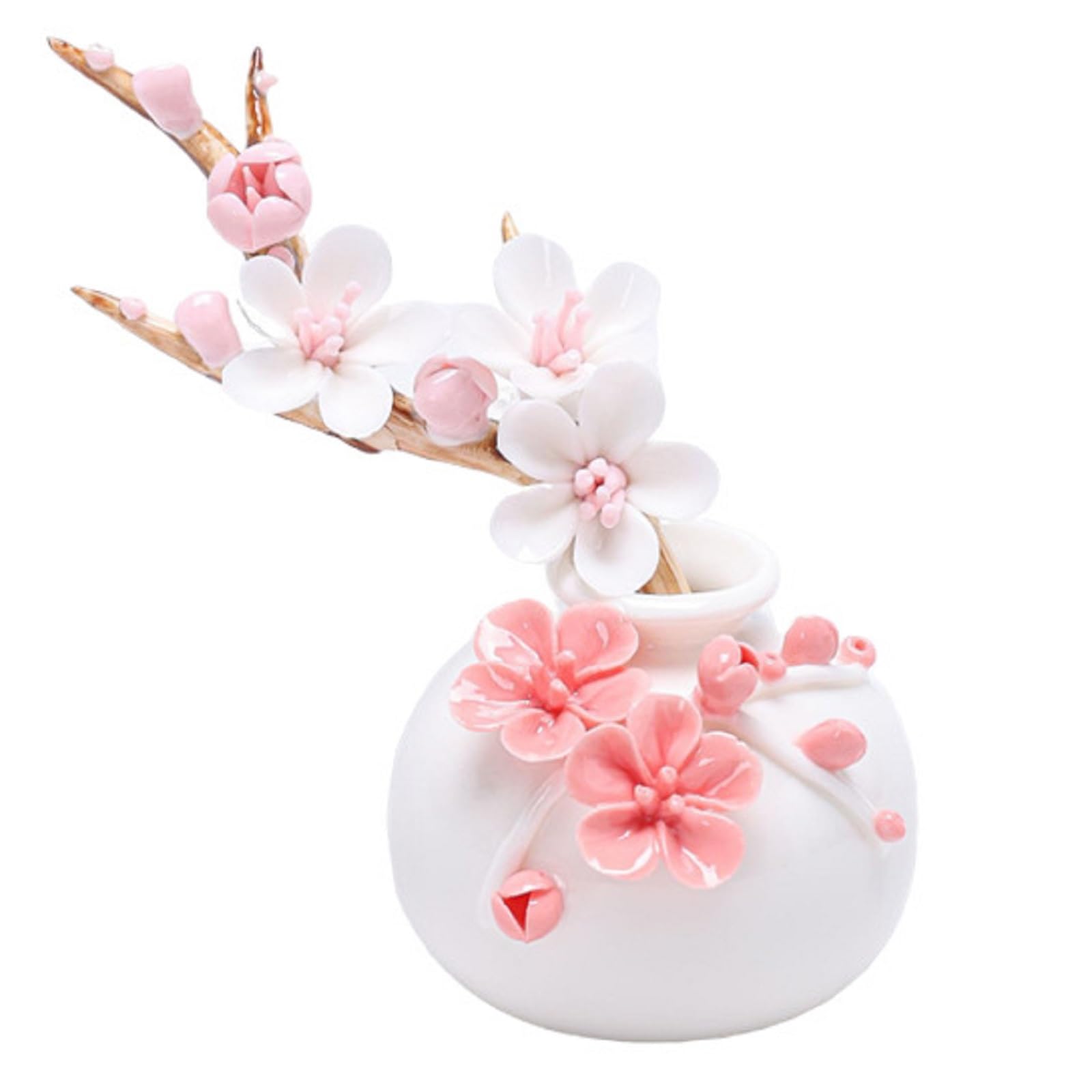 Ręcznie wykonany zestaw ceramiczny kwiatów śliwy i wazonu, mini różowa dekoracja kwiatowa do domu i biura, elegancka ozdoba z sztucznych kwiatów