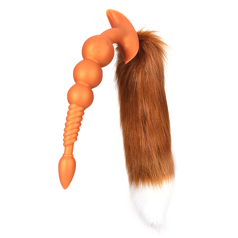 TaRiss's 2点セット 魂アナルビーズ 尻尾付き アナルプラグ 4ビーズ 螺旋形の凹凸 アンカー形台座 シリコン ゴールド S 5cmx30cm