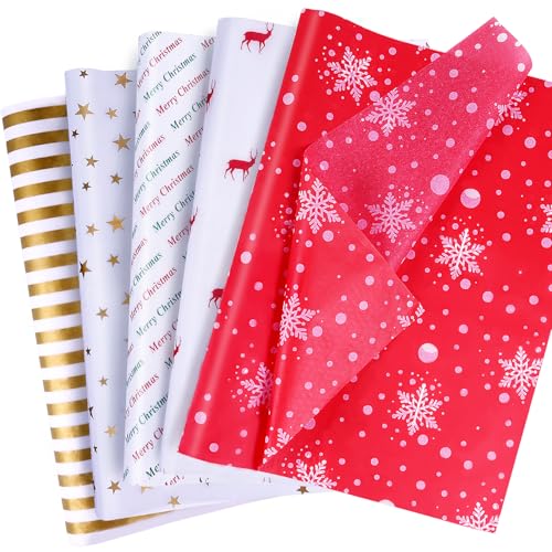 Christmas Tissue Paper Bulk, 100 Sheets Christmas Tissue Paper for Gift Bags - Snowflake Reindeer Star Design, Red Green and Gold Gift Wrap Tissue for Xmas Holiday Party Decor DIY Crafts, 14×20 Inch