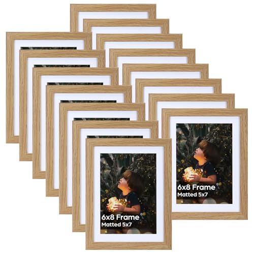 Image of Lyeasw 5x7 Picture Frame 15 Pack, Display Pictures 5x7 with Mat or 6x8 without Mat, Natural Wood Color Bulk Photo Frames for Wall or Tabletop