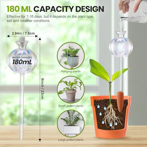 Meonum 4 Pcs Top Fill Plant Watering Globes, Rainbow Glass Self Water Bulbs with Non Clogging Terracotta Spikes, Automatic Watering Globes for Indoor Outdoor Plants, Vacation Planting Water Devices
