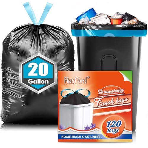 RayPard 20 Gallon Large Drawstring Trash Bags 120 Counts Fit 20-21 Gal Trash Can Heavy Duty Tall Kitchen Garbage Liners Large Trash Bags Size Chart for Home/Office Outdoor Lawn & Leaf Bags Black