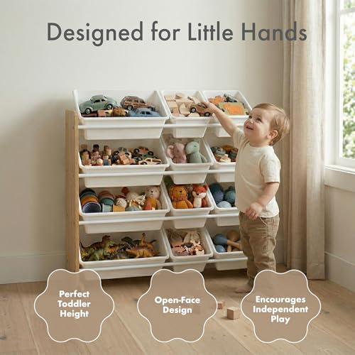 Image of Humble Crew Toy Storage Organizer with 12 Removable Storage Bins for Kids Playroom, 4-Tier Toddler Toy Organization, Natural Wood /White