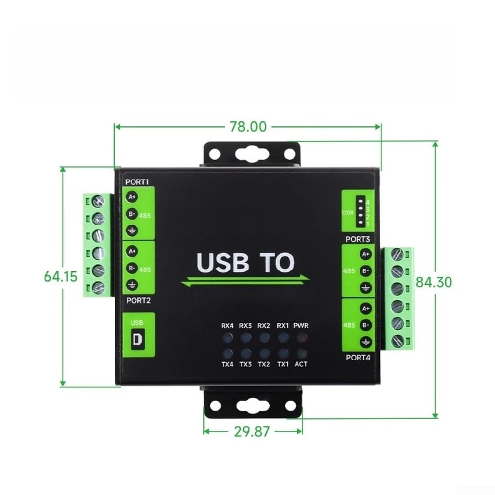 Conversor industrial USB a 4 puertos RS485 con chip CH344L aislado