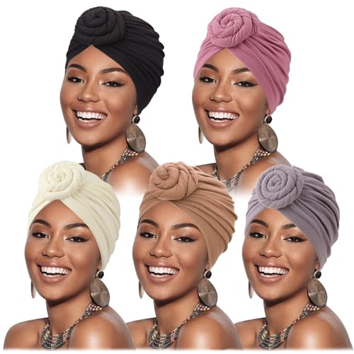 Image of DRESHOW 5 Pack Knotted Headwraps for Women African Turban Pre-Knotted Beanie Headwraps Hair Covers