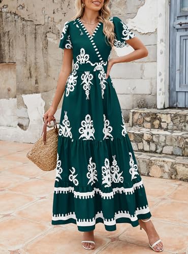 Image of PRETTYGARDEN Womens 2026 Summer Casual V Neck Boho Maxi Dress Flowy Aline Bell Sleeve Tiered Floral Dresses with Pocket