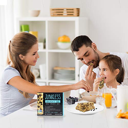 JUNKLESS Chewy Granola Bars, Chocolate Chip, 24 bars (6 x 1.1 oz bars/box – 4 boxes), Non-GMO, low sugar, great tasting, made for kids & families