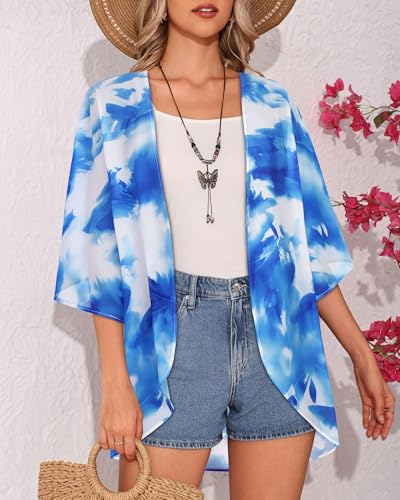Image of Women's Floral Print Puff Sleeve Kimono Cardigan Loose Cover Up Casual Blouse Tops 2026