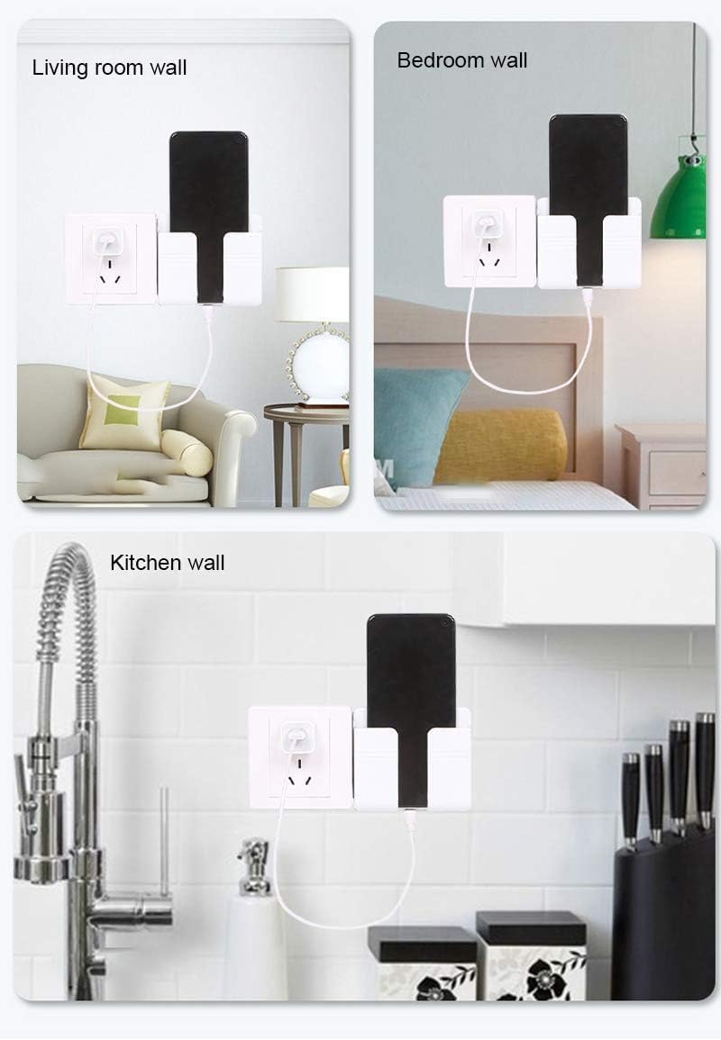 Wall Mount Phone Holder Self Adhesive Phone Stand with Data Cable Receiving Hole, Charger Remote Control Storage Box for Bedroom, Kitchen, Bathroom, Office (Pack of 3 White)
