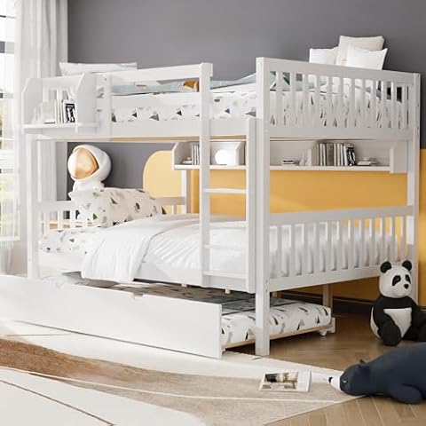 Rophefx Full Over Full Bunk Bed with Trundle, Convertible to 2 Full Size Platform Bed, Included Built-in Shelves, Full Size Bunk Bed with Ladder and Safety Rails for Kids, Teens, Adults, White Cover