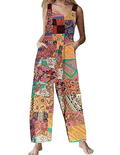 Listado de Petos para Mujer para comprar online. 28 Uaneo Overol de algodón con peto para mujer, estilo bohemio, de pierna larga, con estampado floral, Naranja, XXL