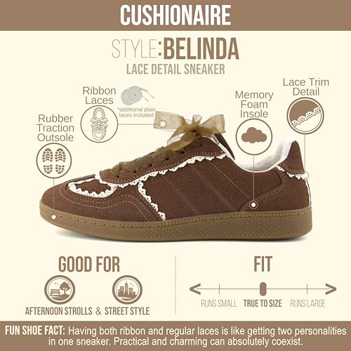 Image of CUSHIONAIRE Belinda Women's Lace Detail Casual Sneakers - Elegant Ribbon Lace-Up Shoes with Memory Foam