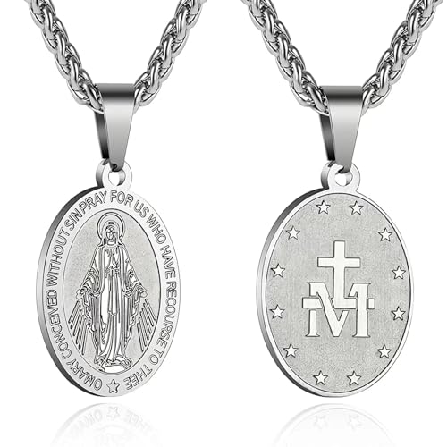 P. BLAKE Oval Saint Christopher/Michael/Joseph/Jude/Virgin Mary/Joseph/Francis/Patrick/Anthony/Benedict/Thomas Necklace for Men Women, Stainless Steel Catholic Patron Pendant with Chain 24 Inches