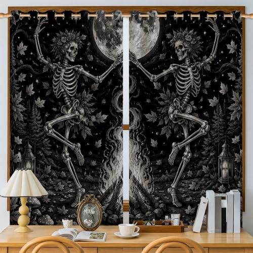 Rideaux occultants gothiques noirs avec motifs squelettes fantastiques