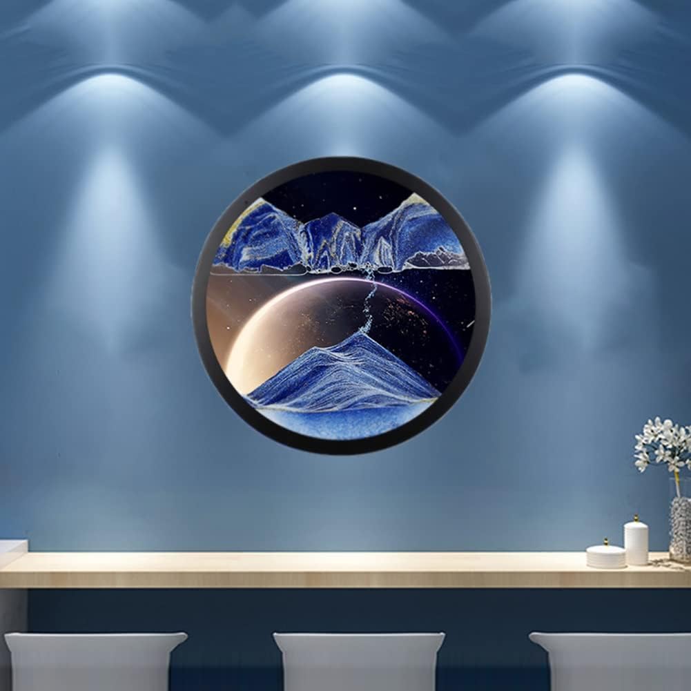17.3" Moving Sand Art Decor, 360° Rotate Wall Mounted Moving Sand Art Picture,Round Glass Crafts Solid Wood Frame, Relaxing Mood Peaceful Piece Home Office Work Decor(E)