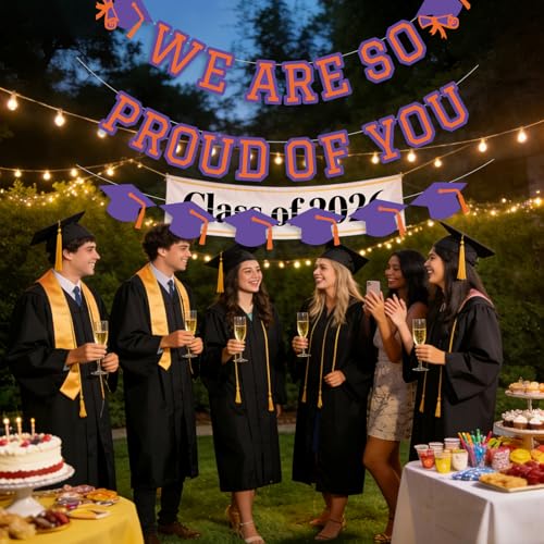 Image of We Are So Proud Of You Banner Graduation Party Decorations Congrats Grad Cap Garlands Wall Sign Purple Orange