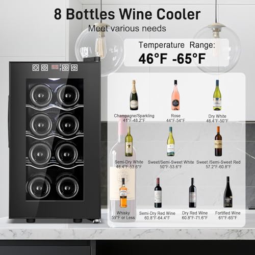 Image of Tylza 8 Bottles Wine Fridge, Wine Cellar with Low-E Tempered Glass Door, LED Touchscreen, Lock, Frost Free, No Vibration, Wine Cooler Refrigerator for Red, White, Champagne or Sparkling Wine, Black