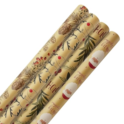 4 rollos de papel de regalo Kraft, 43 cm x 3 metros, papel de regalo navideño reciclable con estampado de Papá Noel y alce para Navidad, cumpleaños, decoración de regalos de fiesta 4 rollos de papel de regalo Kraft, 43 cm x 3 metros, papel de regalo navideño reciclable con estampado de Papá Noel y alce para Navidad, cumpleaños, decoración de regalos de fiesta