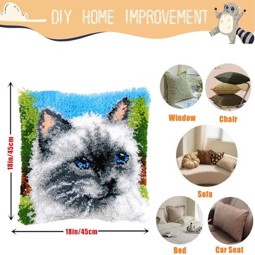 Image of EMISTEM Latch Hook Kits for Adults - Latch Hook Pillow Kits, Crochet Yarn Kit for Beginners, DIY Needlework Crafts Cover Case with Printed Canvas, Gift Packaging. (Blue Eyes Cat,17x17 inch)