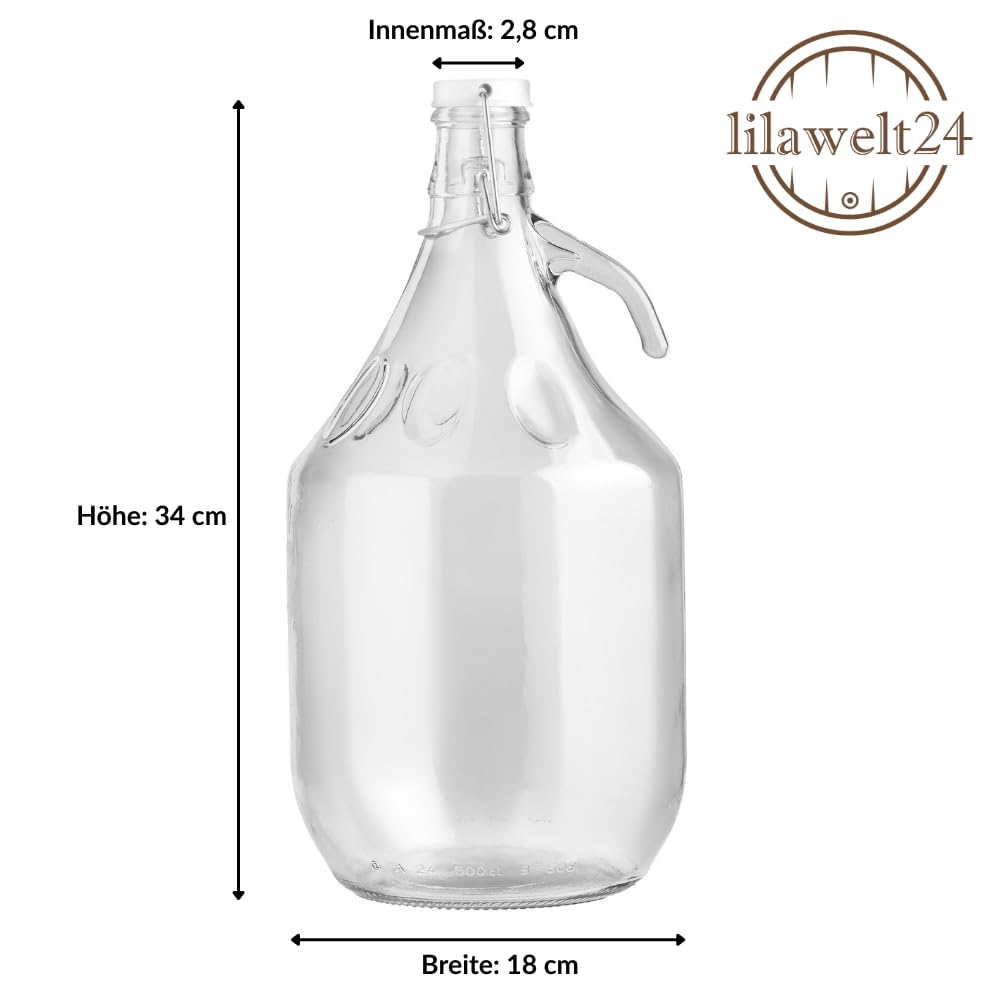 lilawelt24 6 x 5L Glasballon (Gallone) mit Bügelverschluss & Henkel - Glasflasche für Wein, Gärung, Saft, Likör & Einmachen