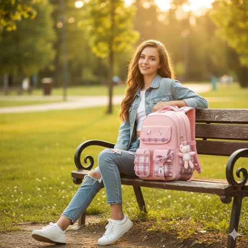 Image of Girls School Backpack Cute Pink Pastel Gradient Bag with Multiple Compartments Lightweight Durable Bookbag for Kids Students (purple bag)