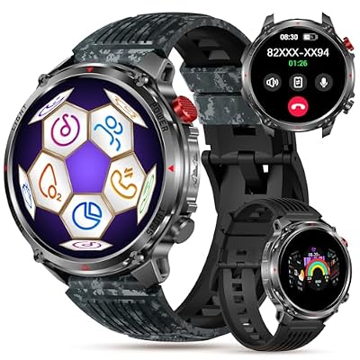 Military Smart Watch for Men with IP68 Waterproof Compass LED Flashlight, 1.7“ HD Fitness Tracker BT Call/Text Reply/100+Sports Modes/Sleep Monitor, 30 Days Battery for Android iOS (Camouflage Black)