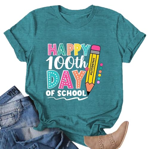 Image of 100th Day of School Shirt for Women Teacher Graphic T-Shirt Funny Teach Short Sleeve Tee Tops