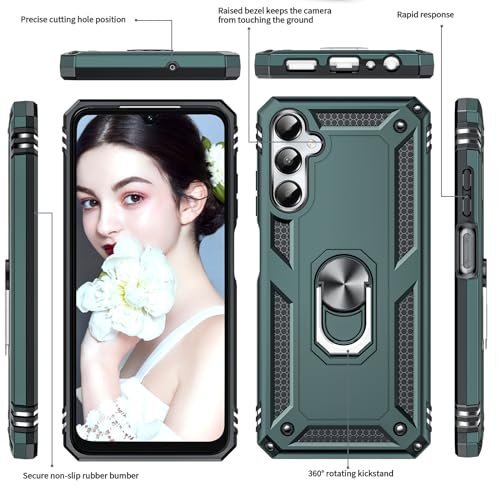 LeYi for Samsung Galaxy A05S Case and 2 Tempered Glass Screen Protector and 2 Camera Lens Protector, Ring Holder Military Protective Silicone Shockproof Tough Armor Phone Cover, Green