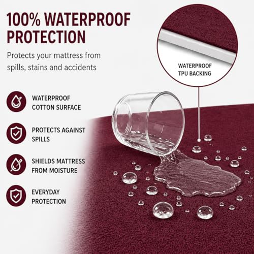 Image of Babylee 100% Waterproof King XL 78x72 Inch 6.5x6 Ft Fits Upto 10 Inch Mattress | Premium Terry Cotton Breathable Bed Protector | Mattress Cover for Double Bed | Maroon