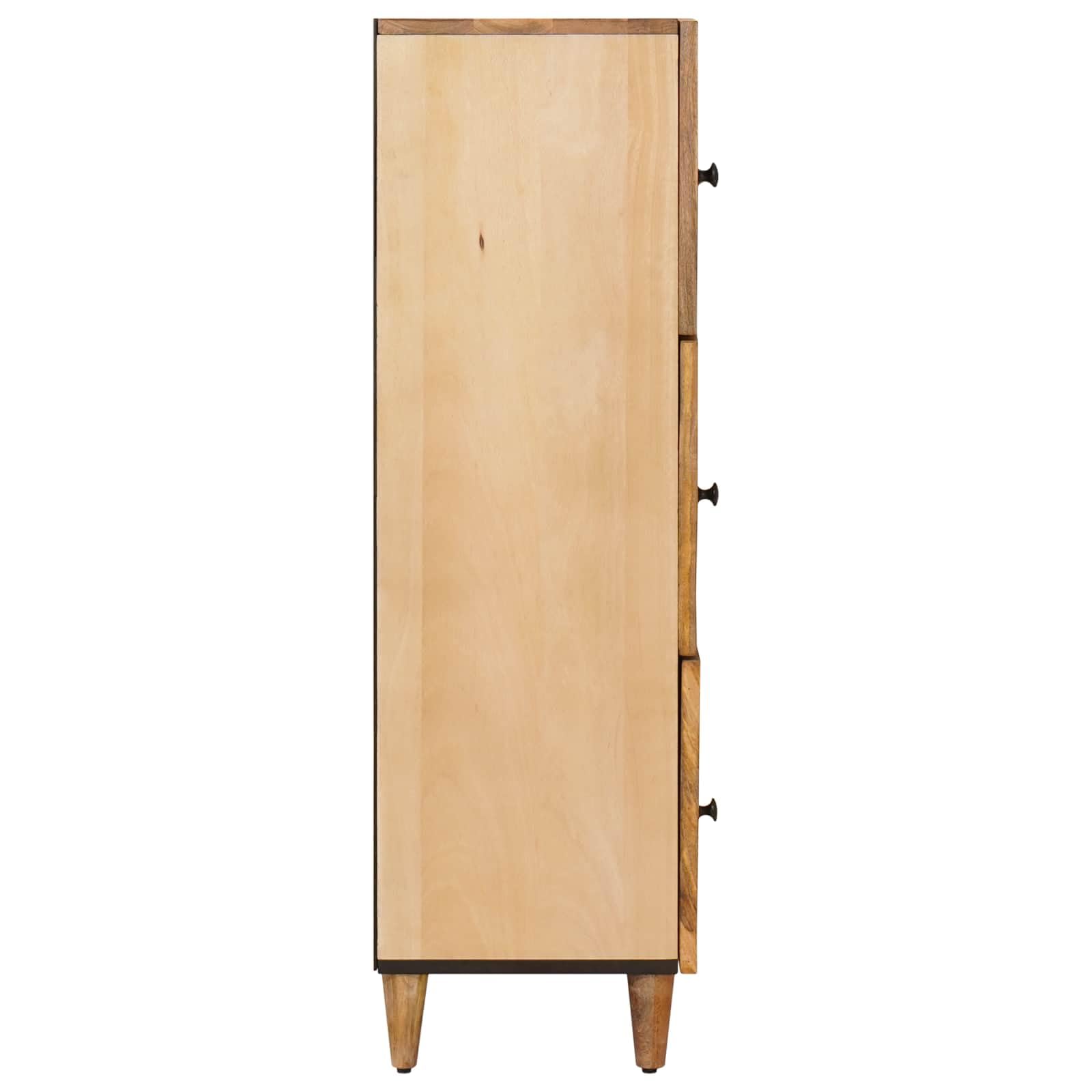 Stauraumschrank Braun aus massivem Mango-Holz 40 x 33,5 x 110 cm mit Messingknöpfen und 3 Türen, Wohnzimmer Medienaufbewahrung für TV, DVD, CD, Vinyl, Router, Kabel und Gaming Zubehör