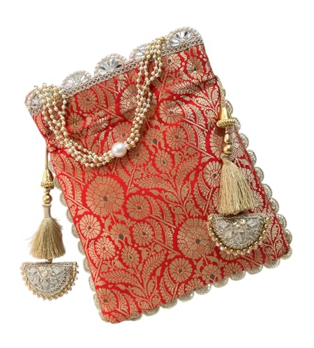 Image of MILAN'S CREATION Pure Banarasi Potli Silk Brocade Bag Purse Drawstring Women's handbag with Pearl Handle & Tassel Weddings