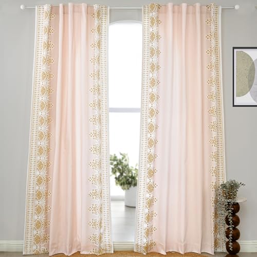 Image of Tranquebar Curtain Co. Window Curtains 5 Feet, 60-65% Room Darkening, Pink-Yellow Floral Print, Cotton Curtains for Window, Cotton Curtains 5 Feet Long Set of 2, BackTab Loops,Zia (152 cm) - Set of 2