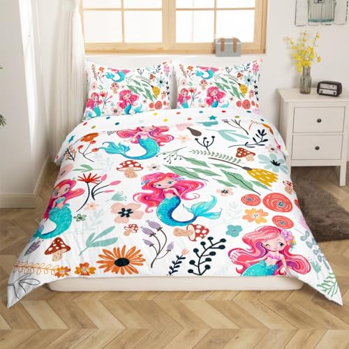Erosebridal Cute Mermaid Duvet Cover Mushroom Floral Twin Bedding Sets for Boys,Cartoon Animal Comforter Cover Watercolor Flowers Leaves Toddler Bed Set for Girls Kids Children,Kawaii Room D