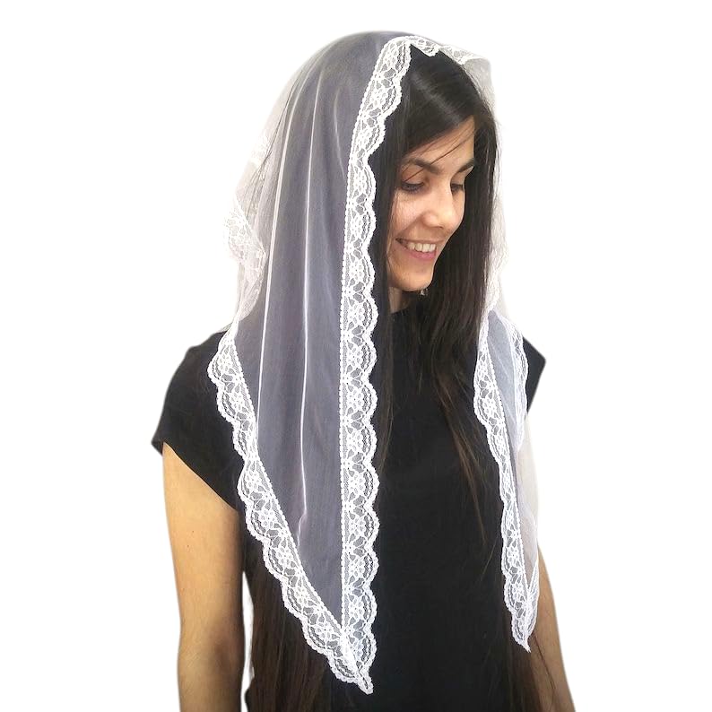 Netted Mantilla Veil Triangle Lace Veil Catholic Church Veils Infinity Chapel Veil Tulle Scarf Head Covering Latin Mass (White) Large Church Scarf (Pack of 1)-picture-14