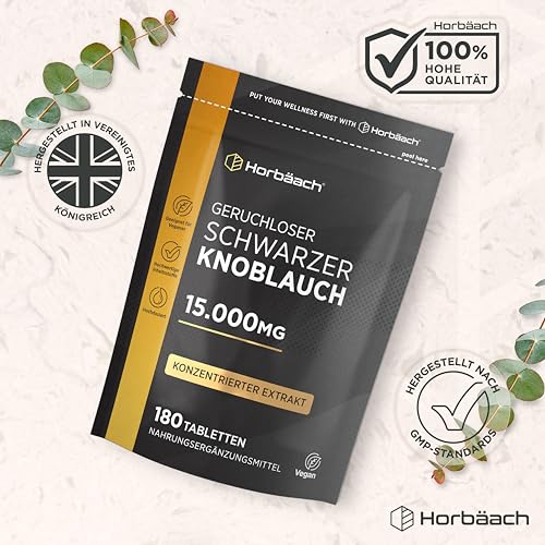 Schwarzer Knoblauch 15.000mg | 180 Schwarze Knoblauchtabletten | aus konzentrierter Knoblauchextrakt | Hochdosiert und Vegane | Aged Black Garlic Supplement | von Horbaach