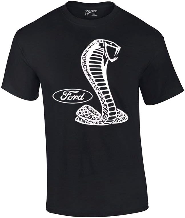 Trenz Shirt CompanyFord Mustang Cobra White Silhouette Ford Motors Classic Ford Logo Racing Performance Race Hotrod Antique Muscle Car Tee