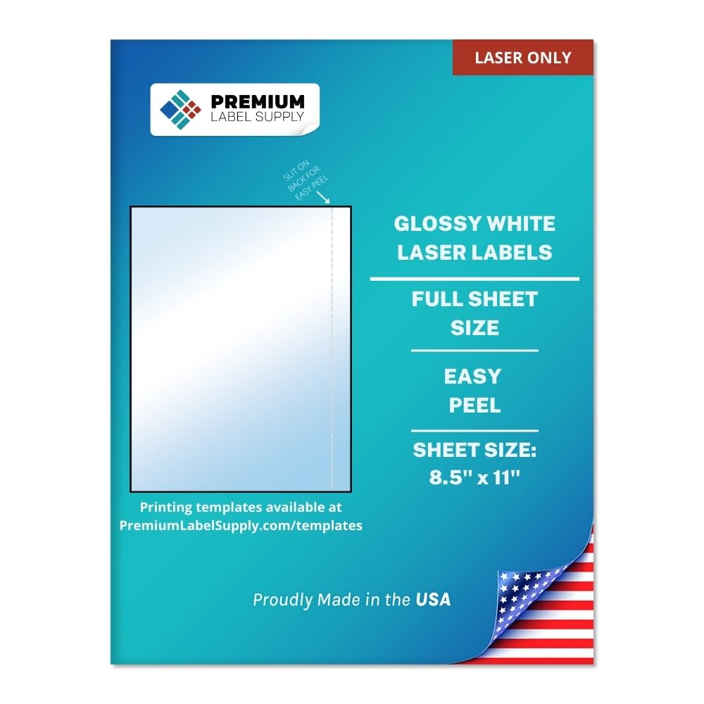 Premium Label Supply Full Sheet Glossy White Labels – 8.5" x 11" – Laser Printers Only – 25 Sheets - Letter Size