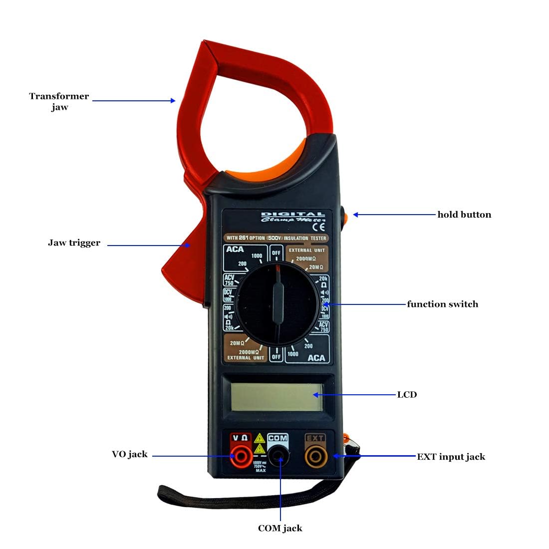 VMTRONIX DT-266 Ac Dc Digital Clamp Multimeter | Auto Ranging |Amp Current Voltage Measurement Device| Ammeter Resistance Buzzer Data Hold with Carry Case Red Colour - Image 5 thumbnail