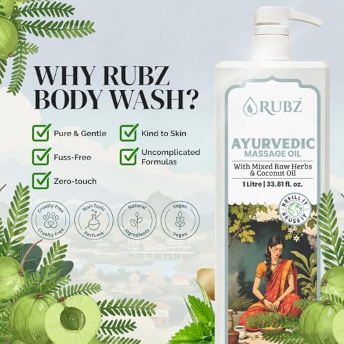 Image of Rubz Ayurvedic Therapeutic Massage Oil For Body & Mind | For Stress Relief & Skin Rejuvenation | Improves Mobility & Flexibility | Suitable For All Skin Types | 1 Lit