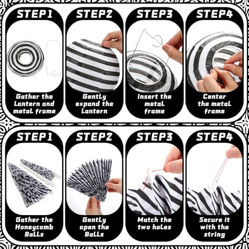 Image of Retisee 18 Pcs Black and White Party Classroom Decoration Hanging Black White Paper Lanterns Paper Fans Honeycomb Balls Polka Dots Stripe Lanterns Decorative for School Classroom Decoration Supplies