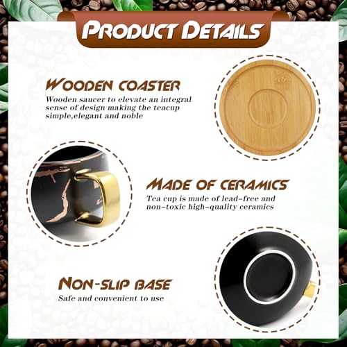 Qinhai Marble Ceramic Coffee Mug Sets with Spoon and Wooden Saucers, Gifts for Valentine's Day, Mother's Day, Graduation, Birthday, Christmas for Women, Men, Mum, Her, Wife, Friend, Teacher - Image 3