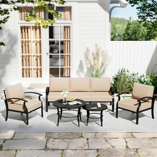 Image of Aluminum Patio Furniture Set with 2 Round Coffee Tables, 5 Seats Outdoor Patio Conversation Sets w /5.1 inch Cushions,Patio Conversation Sets for Garden, Backyard, Porch-Sand