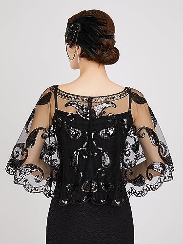 SWEETV Women's 1920s Flapper Shawl,Sequin Beaded Shawls and Wraps for Evening Dresses/Party/Wedding/Formal/Harlem night3