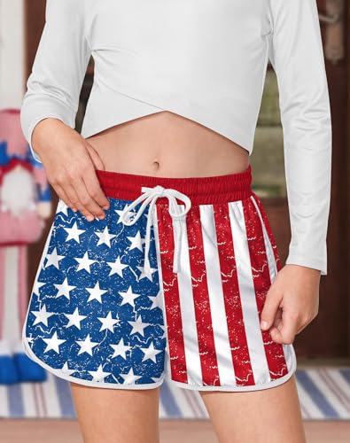 Image of BesserBay Girls 4th of July Elastic Waist Beach Swim Shorts American Flag Trunks with Pockets 5-14 Years