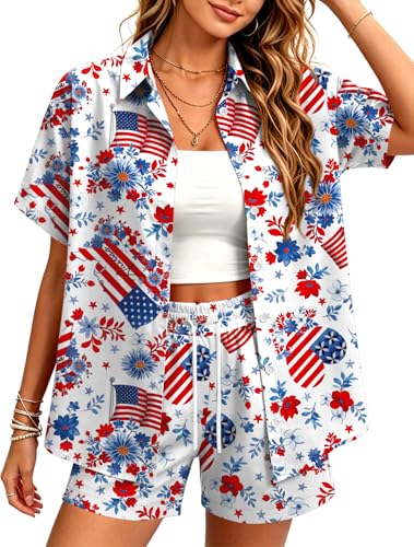Image of Women 4th of July Outfit 2 Piece Set Short Sleeve Button Down Shirt and Shorts American Flag USA 250th Anniversary