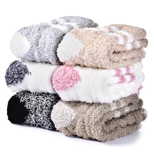 Image of Fuzzy Socks for Women - 6 Pair Fuzzy Socks, Cozy Socks Slipper for Women, Womens Soft Comfort of Coral Fleece, Strip Patchwork