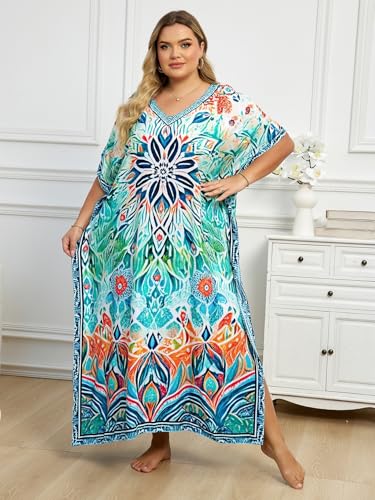 Image of KECVOT Kaftan Dresses for Women V-Neck Print Swimsuit Cover Up Plus Size Beach Caftan Lounge Dress