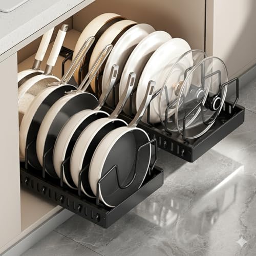 Mnftive pots and pans organizer under cabinet,pot lid organizers inside cabinet holders for kitchen,Horizontal and vertical pulling modes,cast iron storage (Black Vertical pull-out)