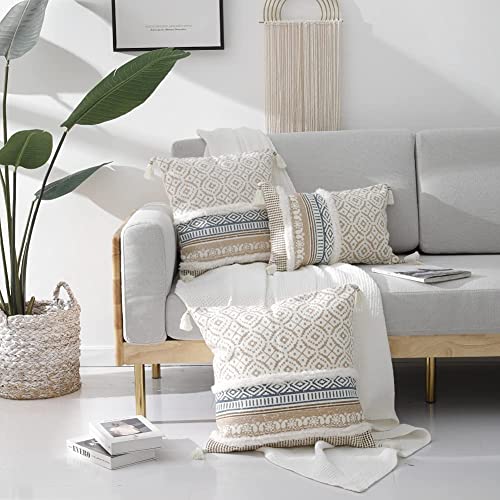 Image of Modern Homes Boho Tufted Decorative Throw Pillow Covers for Couch Sofa - Moroccan Style Cushion Covers with Tassels, Accent Decor Pillow for Bedroom Living Room (Khaki, 16x16 inch)