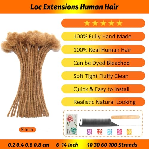 Honey Blonde Loc Extensions Human Hair 0.4 cm 8 Inch 30 Strands #27 Dreadlock Extensions Human Hair Loc Extensions Dreads Extensions for Men Women Kids Real Human Hair Locs Handmade Permanent Locs - Image 3